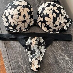 Floral Black and Cream Women's Bra and Underwear Set